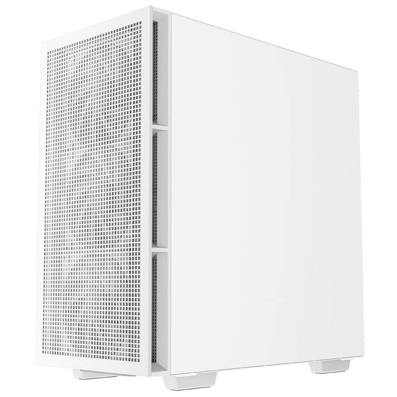 Un case per computer bianco con un pannello frontale forato per la ventilazione. Ha una forma rettangolare e poggia su piccoli piedini.