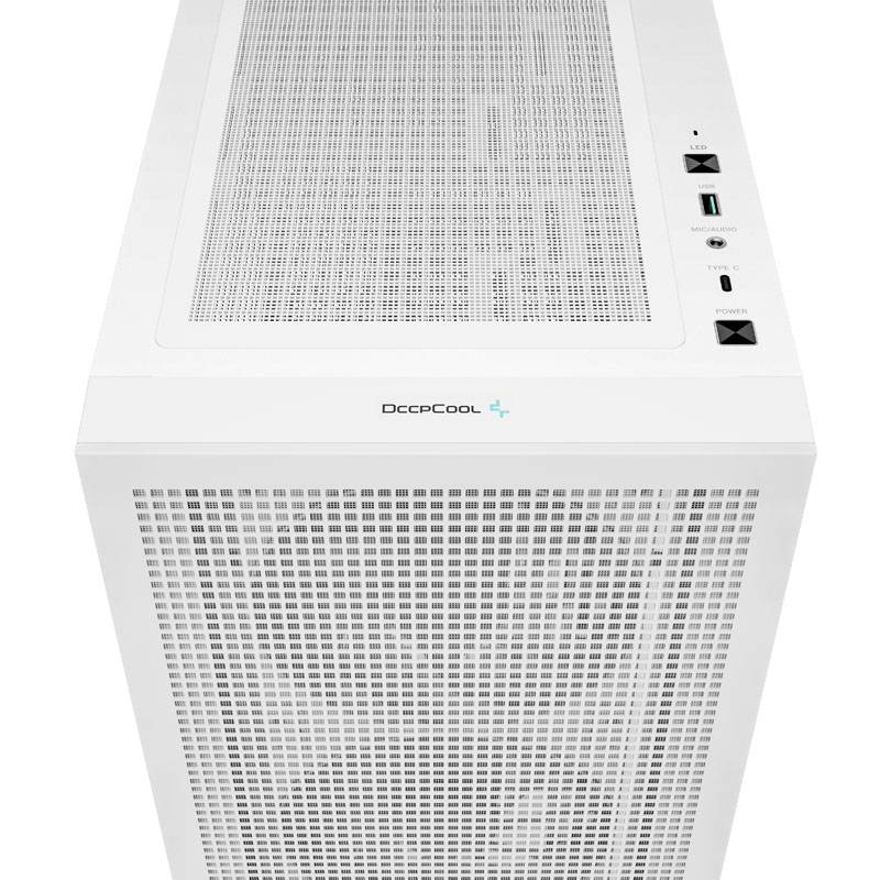 Un case per computer bianco di DeepCool con porte USB, pulsanti e una superficie superiore traforata per migliorare la ventilazione.