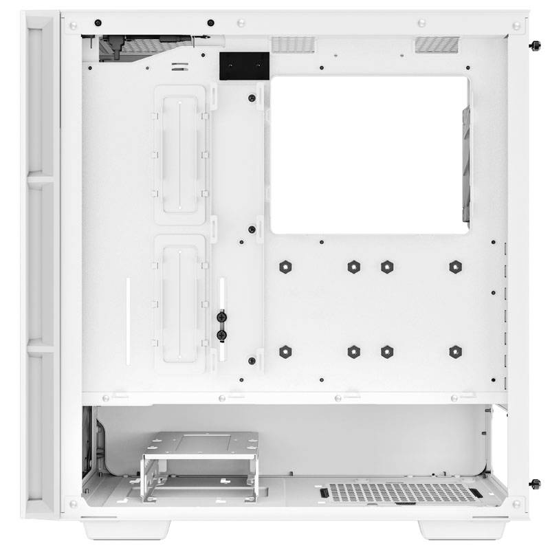 Interno di un case per PC bianco, mostra i punti di montaggio per la scheda madre, la gabbia per hard disk e la gestione dei cavi.