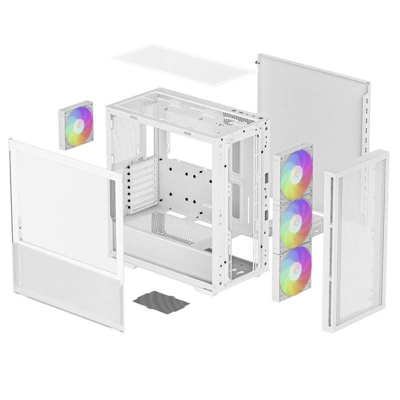 Case bianco per PC smontato, con diversi pannelli rimossi, tre ventole del case con illuminazione RGB, che mostra l'architettura modulare.