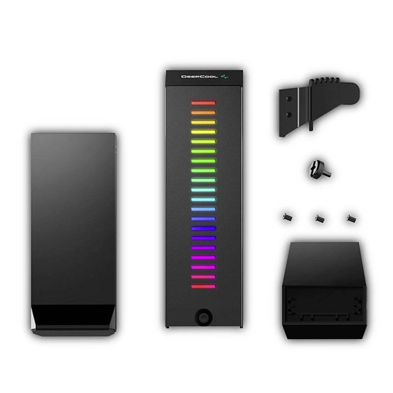 Ventola per computer con illuminazione LED RGB e accessori: supporto, viti, unità di controllo. Corpo principale dal design moderno.