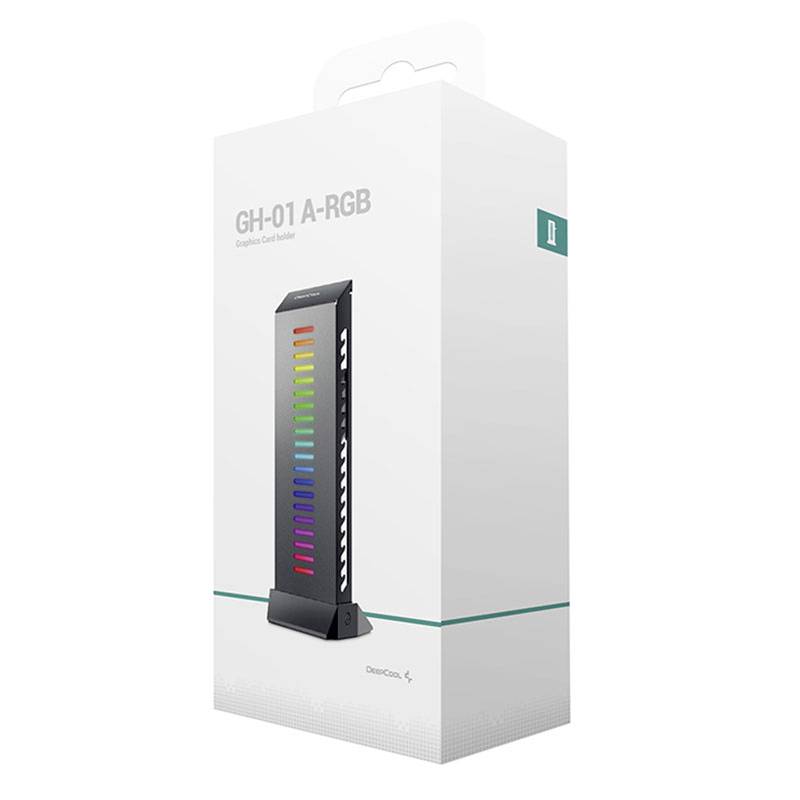 Confezione del supporto per scheda grafica Deepcool GH-01 A-RGB in bianco. Mostra il prodotto con illuminazione LED arcobaleno.