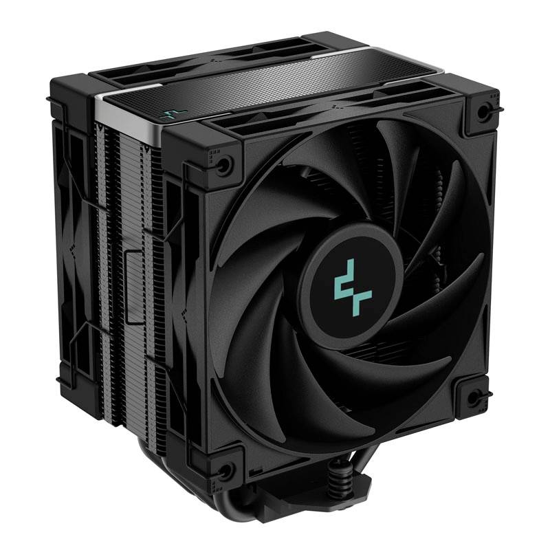 Un dissipatore di calore nero per computer, con ventola e alette di raffreddamento, è raffigurato frontalmente. Il design appare tecnico e moderno.
