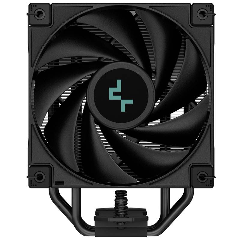Un ventilatore nero controllato da computer con un logo distintivo al centro. Il ventilatore è montato e pronto per raffreddare.