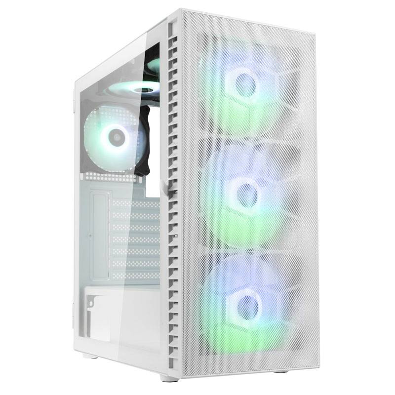 Un case per computer bianco con pannello laterale trasparente mostra ventole illuminate internamente in blu-verde.