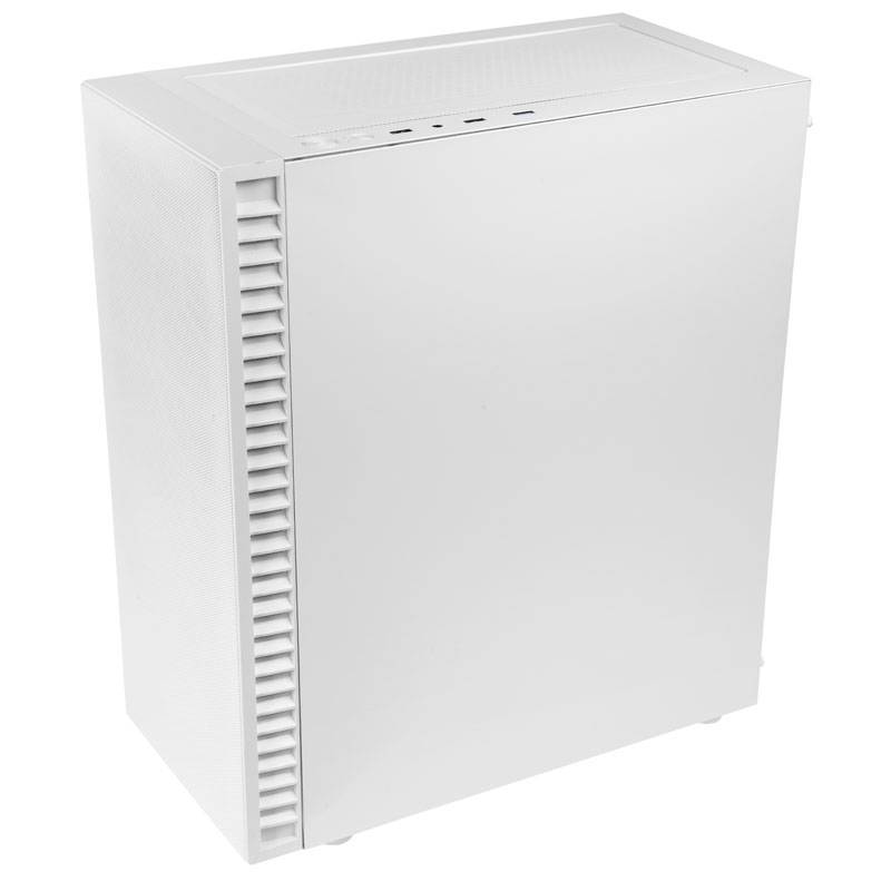 Case per computer bianco con design semplice e moderno, con lati chiusi, adatto per utilizzo in ufficio o per PC da gaming.