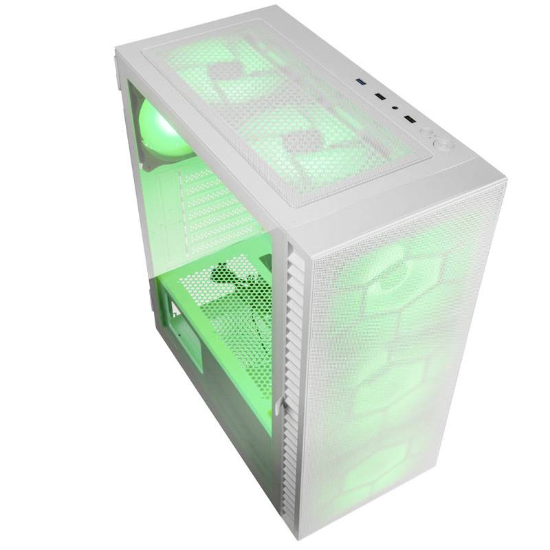 Un case per computer bianco con frontale trasparente e illuminazione a LED verde che mette in mostra i componenti interni.