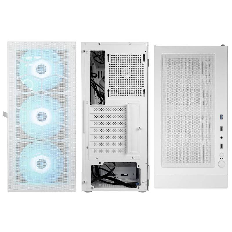 Un case per computer bianco con tre ventole illuminanti frontali, retro aperto, viste frontale, posteriore e superiore.