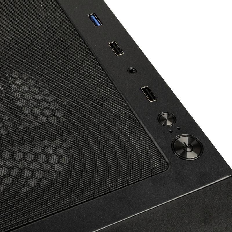 Alimentatore di un case per computer con porte USB e pulsanti rotondi visibili sulla parte superiore, circondato da un design a griglia.