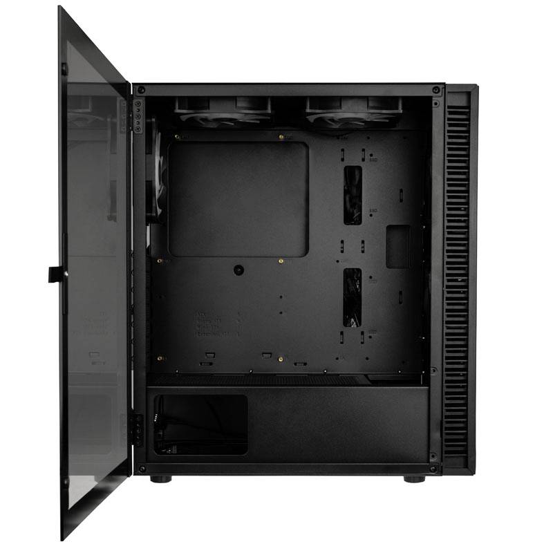Case per computer con porta in vetro aperta, che mostra lo spazio interno per i componenti, superficie nera e ventole in alto.