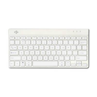 Tastiera bianca wireless con layout QWERTY, tasti freccia e tasti funzione nella parte superiore. Nessun simbolo o logo aggiuntivo visibile.