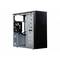 Involucro di un PC desktop con lato aperto e vani per unità, ventole e guide di montaggio visibili. Design nero e argento.