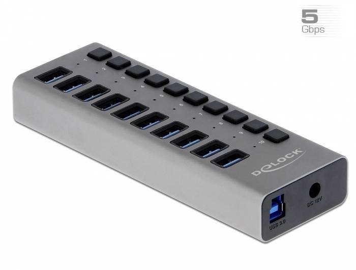 Un hub USB 3.0 con 13 porte e velocità di 5 Gbps di Delock. Mostra un collegamento DC 12V e una porta USB blu.