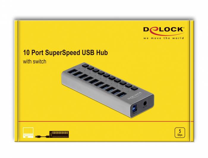 Hub USB SuperSpeed DELOCK a 10 porte, raffigurato su scatola gialla. Dotato di 10 porte USB e interruttore, supporta trasferimento dati fino a 5 Gbps.