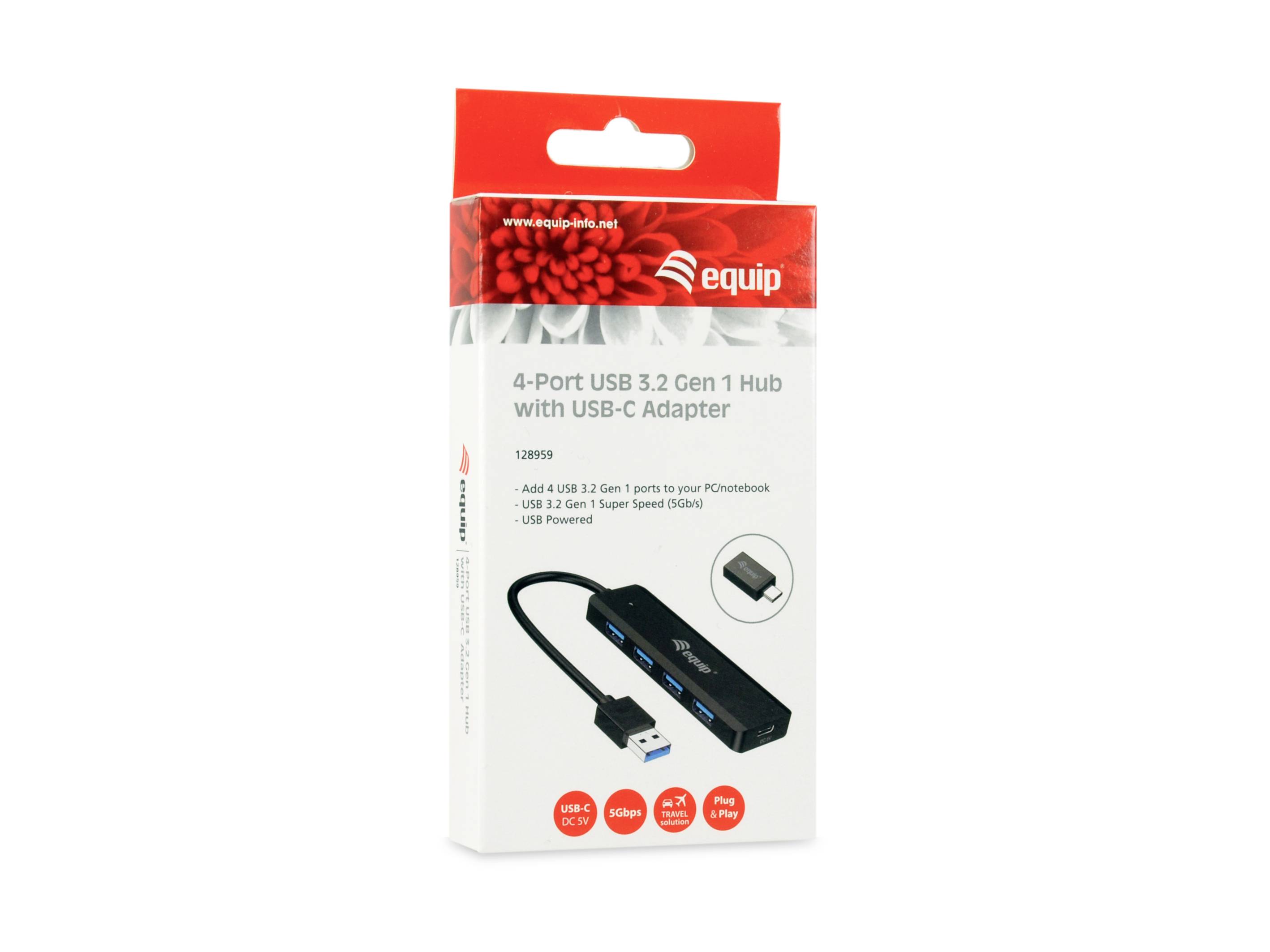 Una scatola con un hub USB 3.2 Gen 1 a 4 porte con adattatore USB-C; sulla confezione sono riportati il numero di porte e le funzioni.