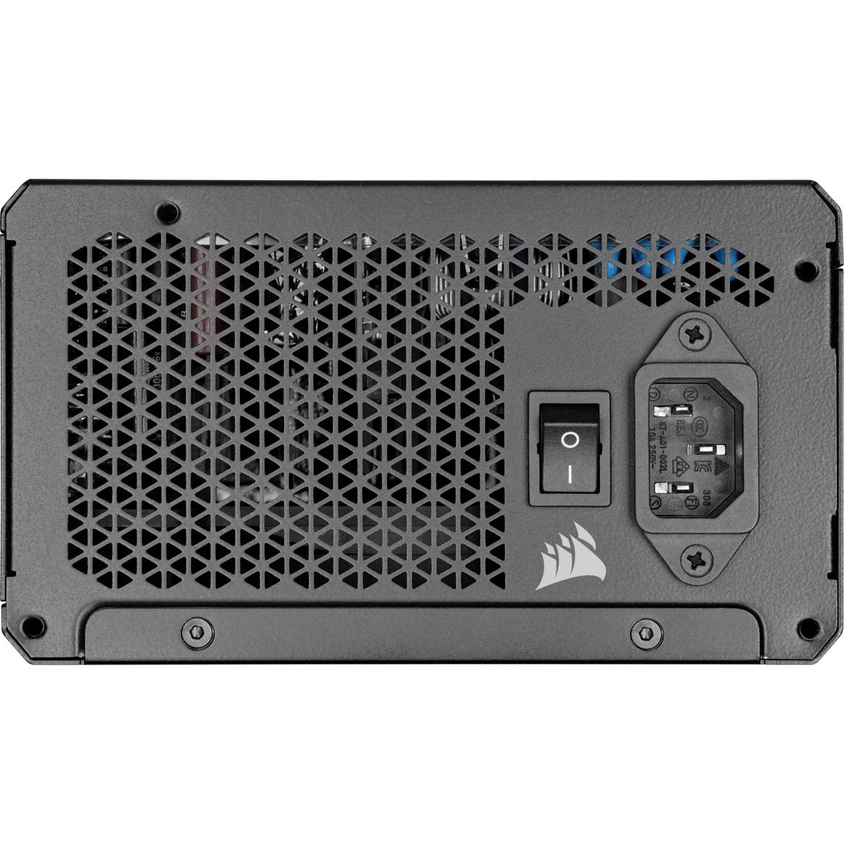 Alimentatore nero per computer con interruttore di accensione e griglia di ventilazione, logo del marchio visibile, connettore di ingresso elettrico a destra.