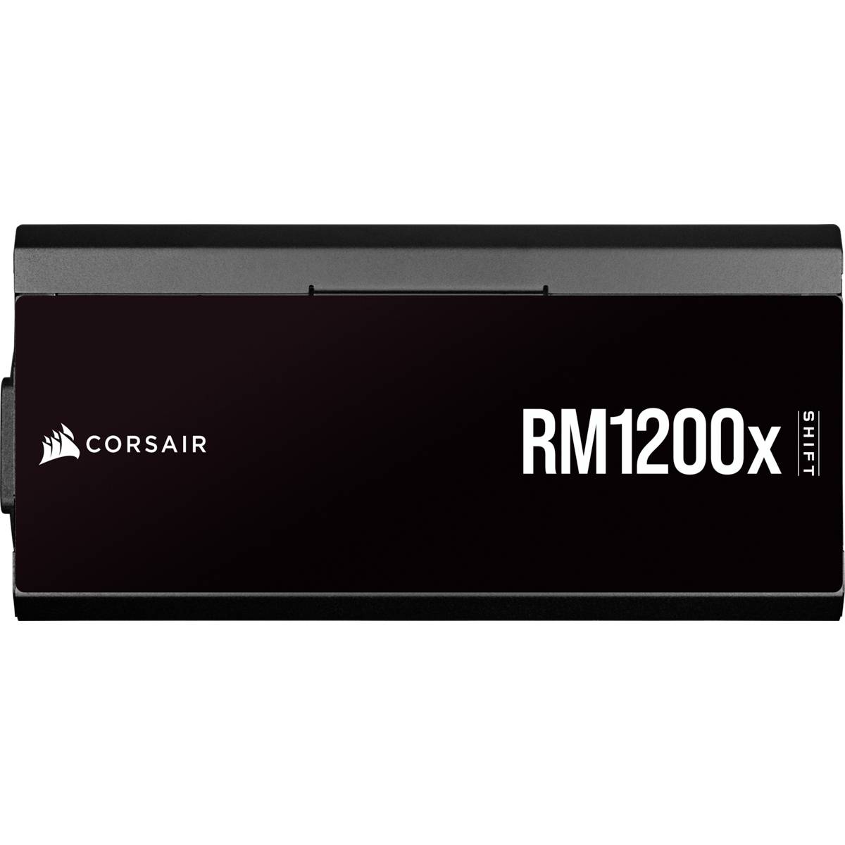 'Alimentatore nero Corsair RM1200x Shift, forma rettangolare, logo argentato e numero del modello sul lato.'