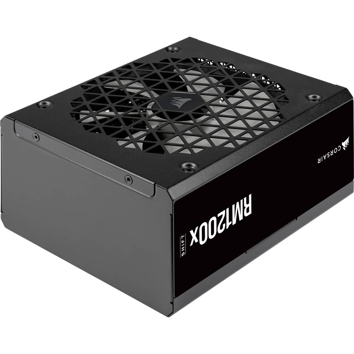 Alimentatore nero 'RM1200x' di Corsair, con griglia di ventilazione sulla parte superiore e logo laterale. Adatto per PC ad alte prestazioni.