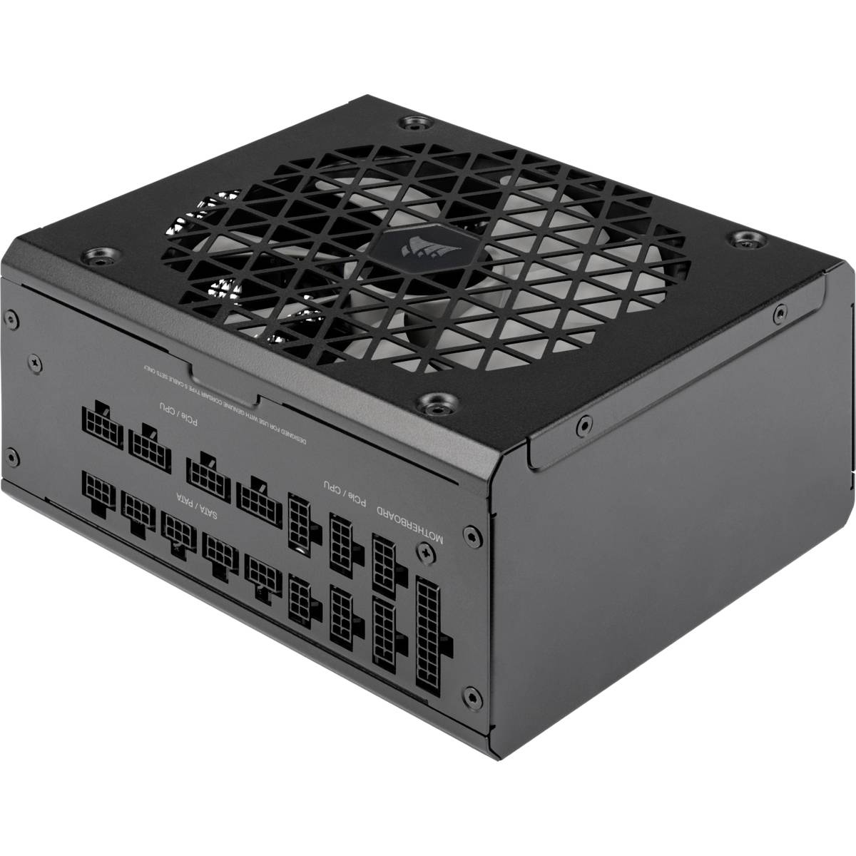 Alimentatore nero per computer con griglia di ventilazione in alto e diverse possibilità di connessione modulari sul lato.
