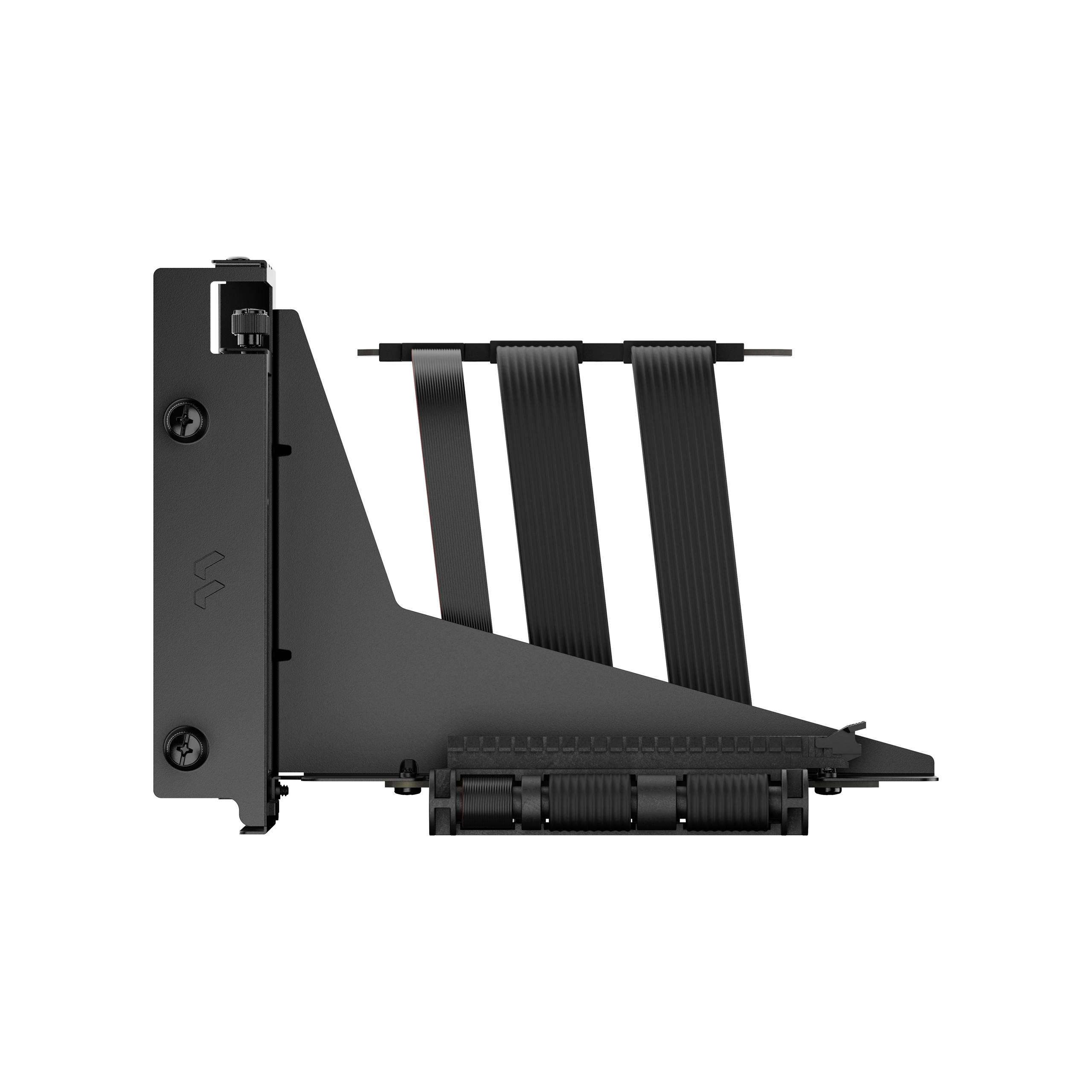 'Supporto verticale per GPU in metallo nero con sistema di gestione dei cavi per case per PC, progettato per fissare in modo sicuro la scheda grafica.'