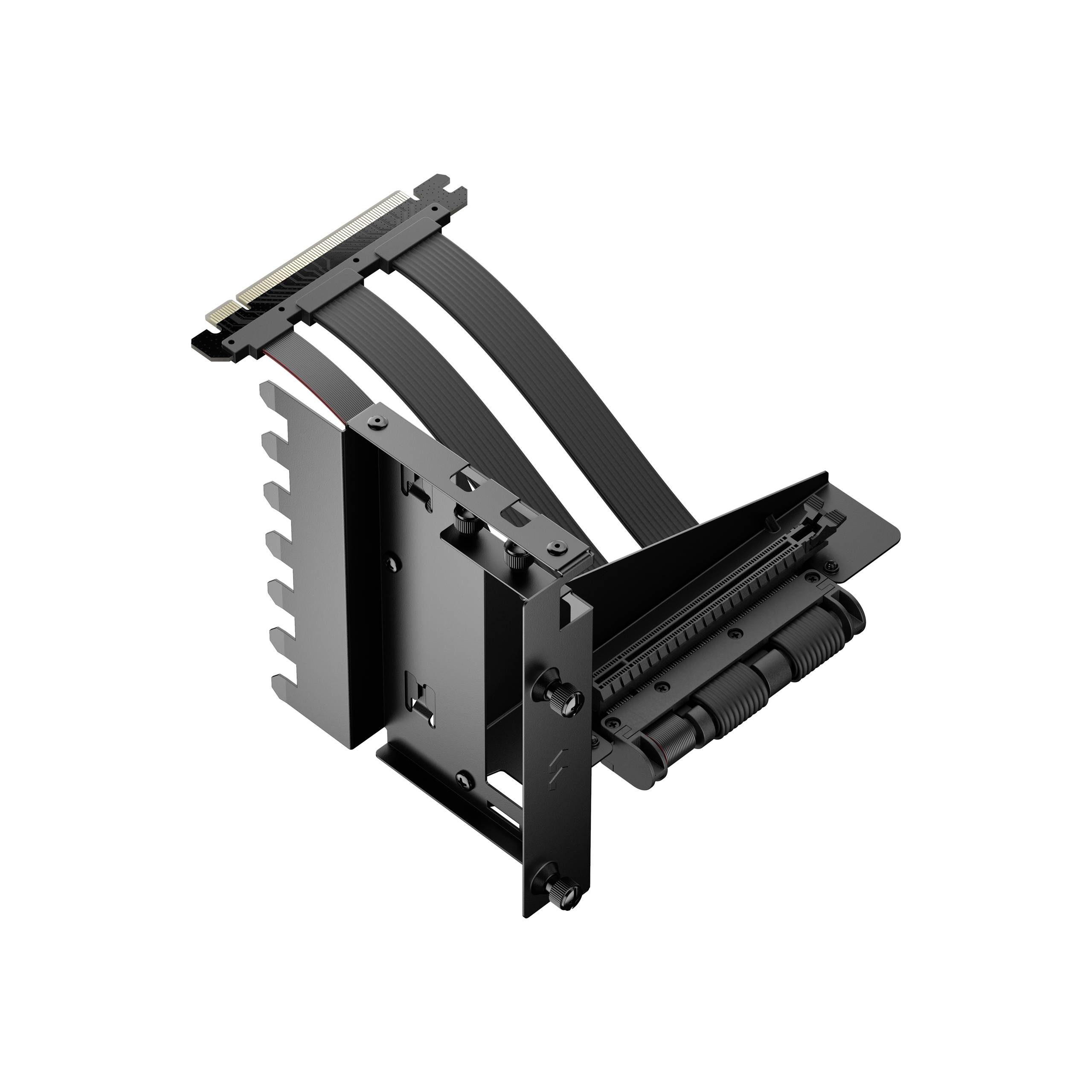 Riser PCIe nero con cavi e staffa che consente di installare una scheda grafica verticalmente all'interno di un case per computer.
