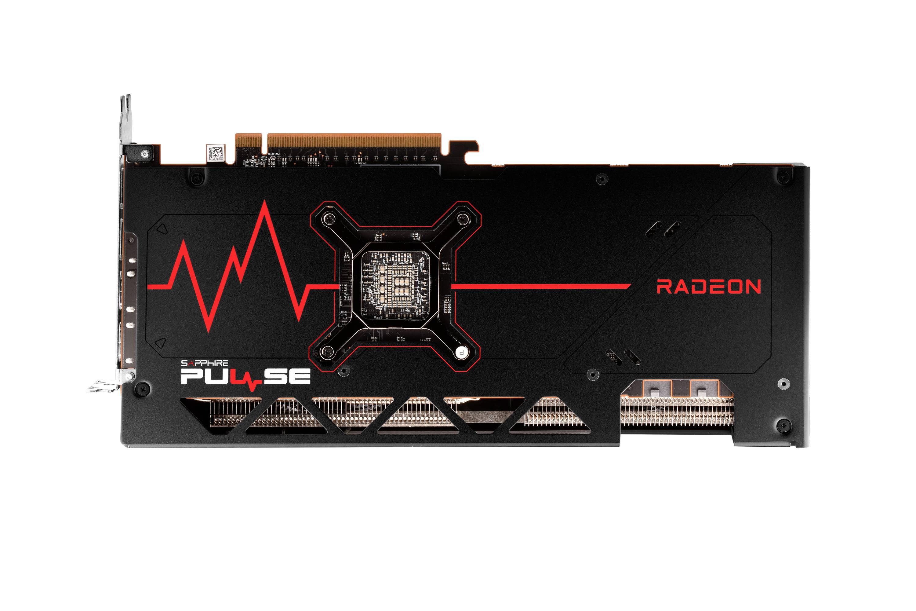 Una scheda grafica nera con accenti rossi e il logo 'Radeon' e 'Pulse' in bianco. Mostra un battito cardiaco stilizzato.