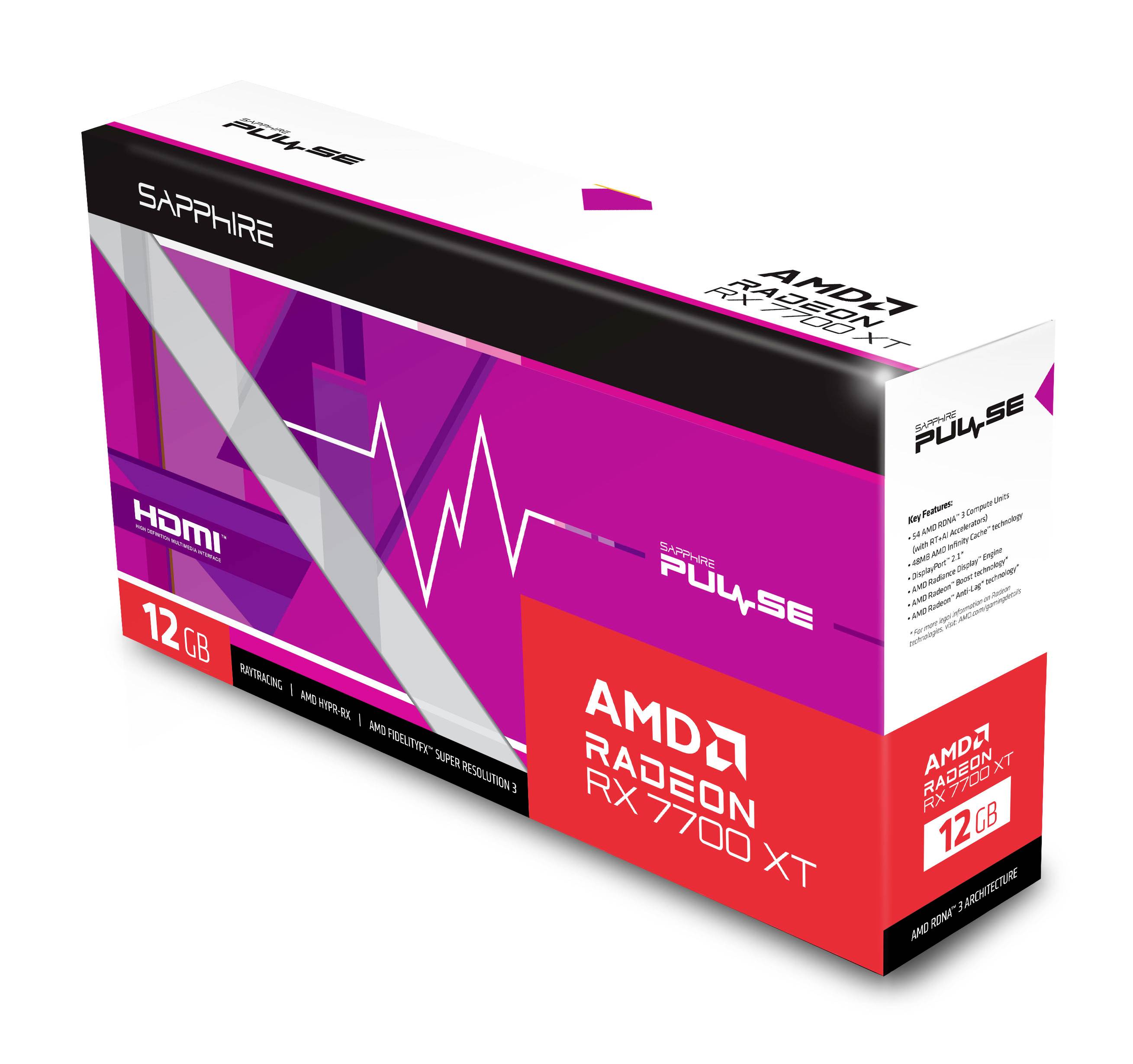 Confezione di un prodotto rosso e bianco per una scheda grafica 'Sapphire AMD Radeon RX 7700 XT', da 12 GB, con simbolo HDMI e informazioni sul modello.