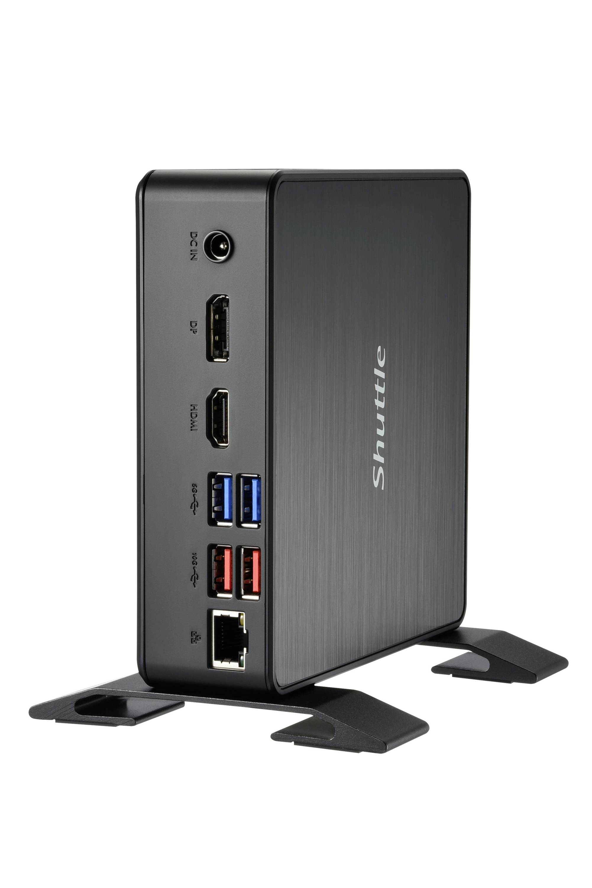 Un mini PC compatto nero con più porte USB, porte HDMI e DisplayPort, porta LAN del marchio 'Shuttle'.