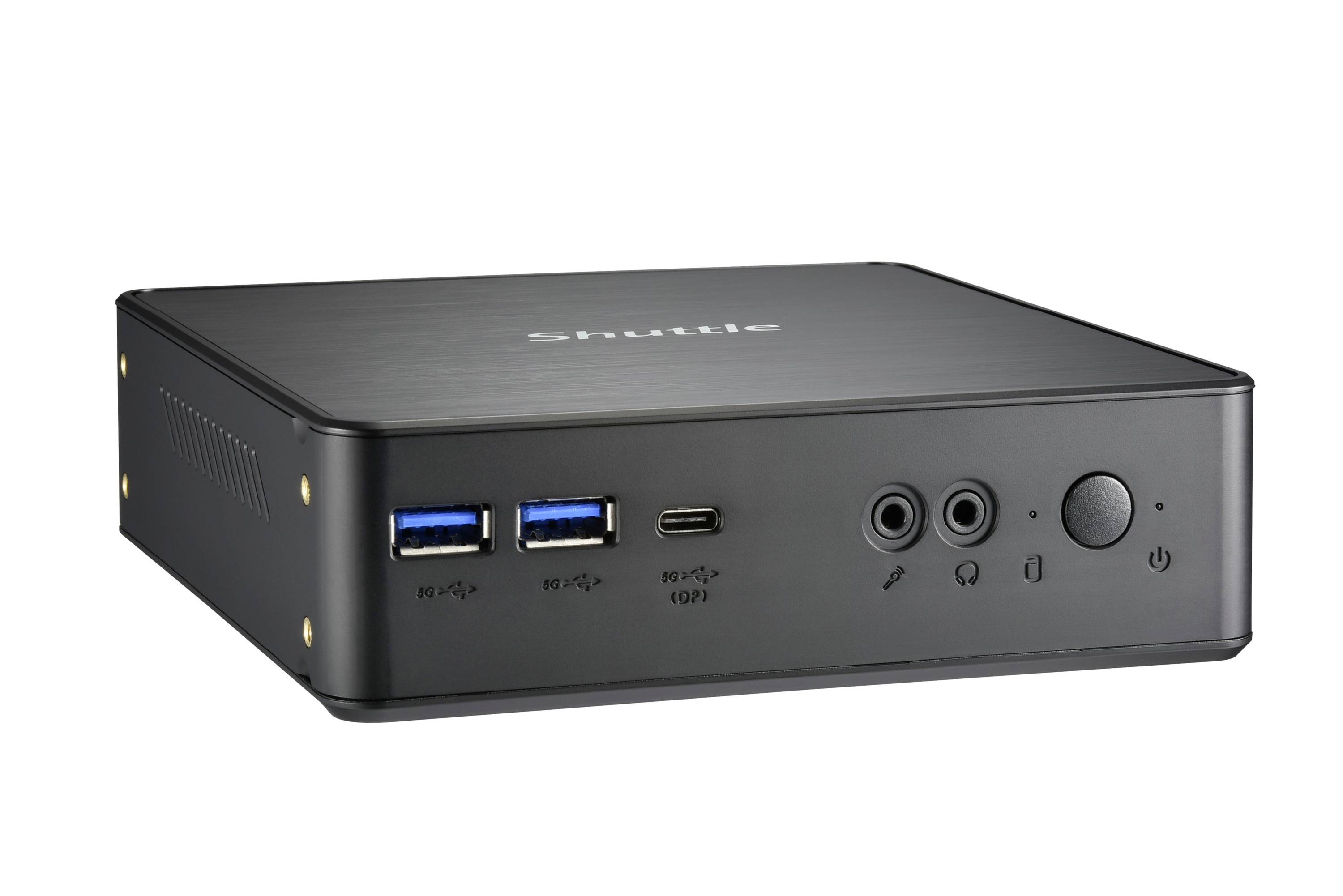 Un piccolo computer nero con la scritta 'Shuttle', dotato di diverse porte USB e tasti di controllo sul lato frontale.