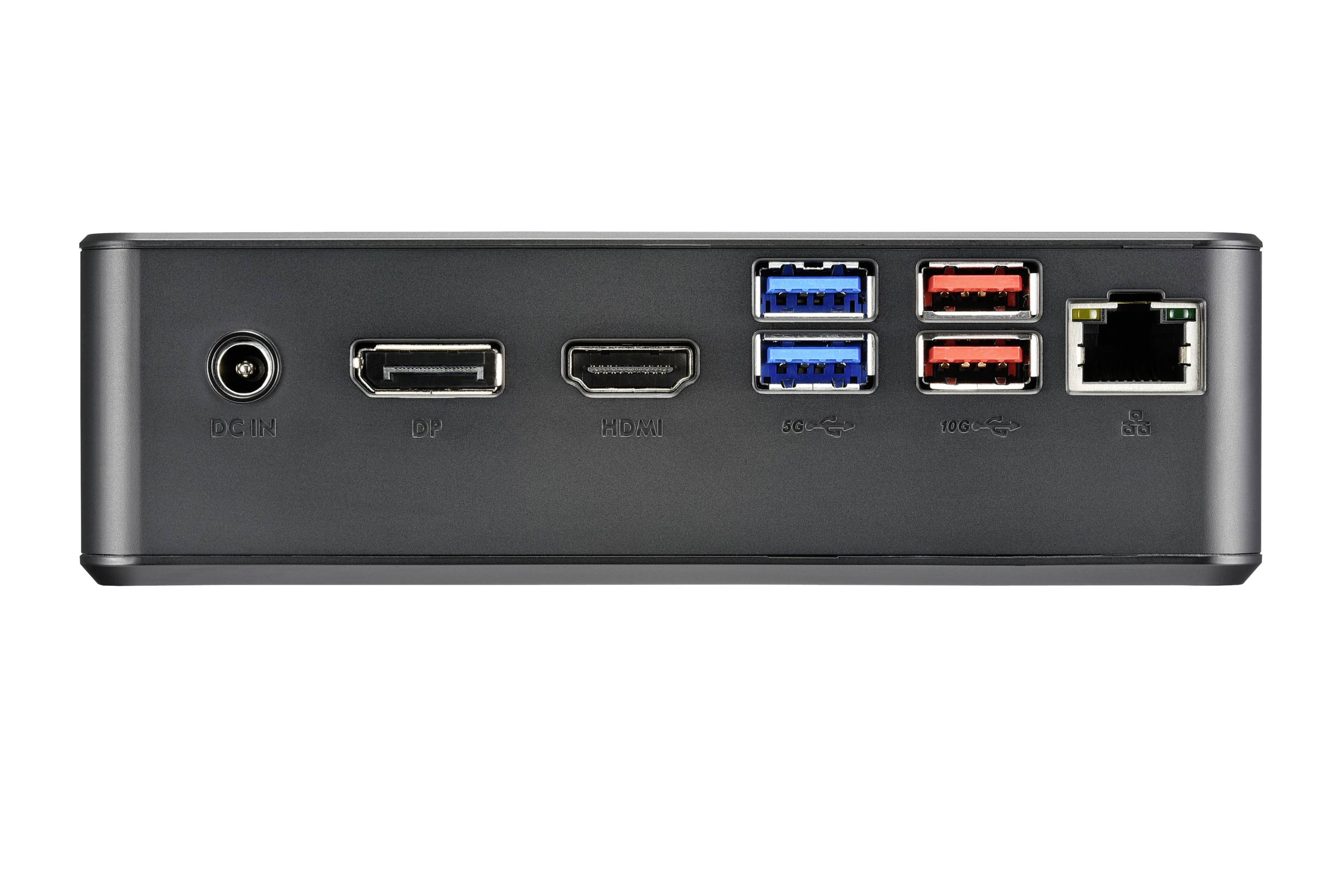Mini PC compatto con porte posteriori: alimentazione, DisplayPort, HDMI, quattro USB, LAN. Ideale per applicazioni multimediali versatili.
