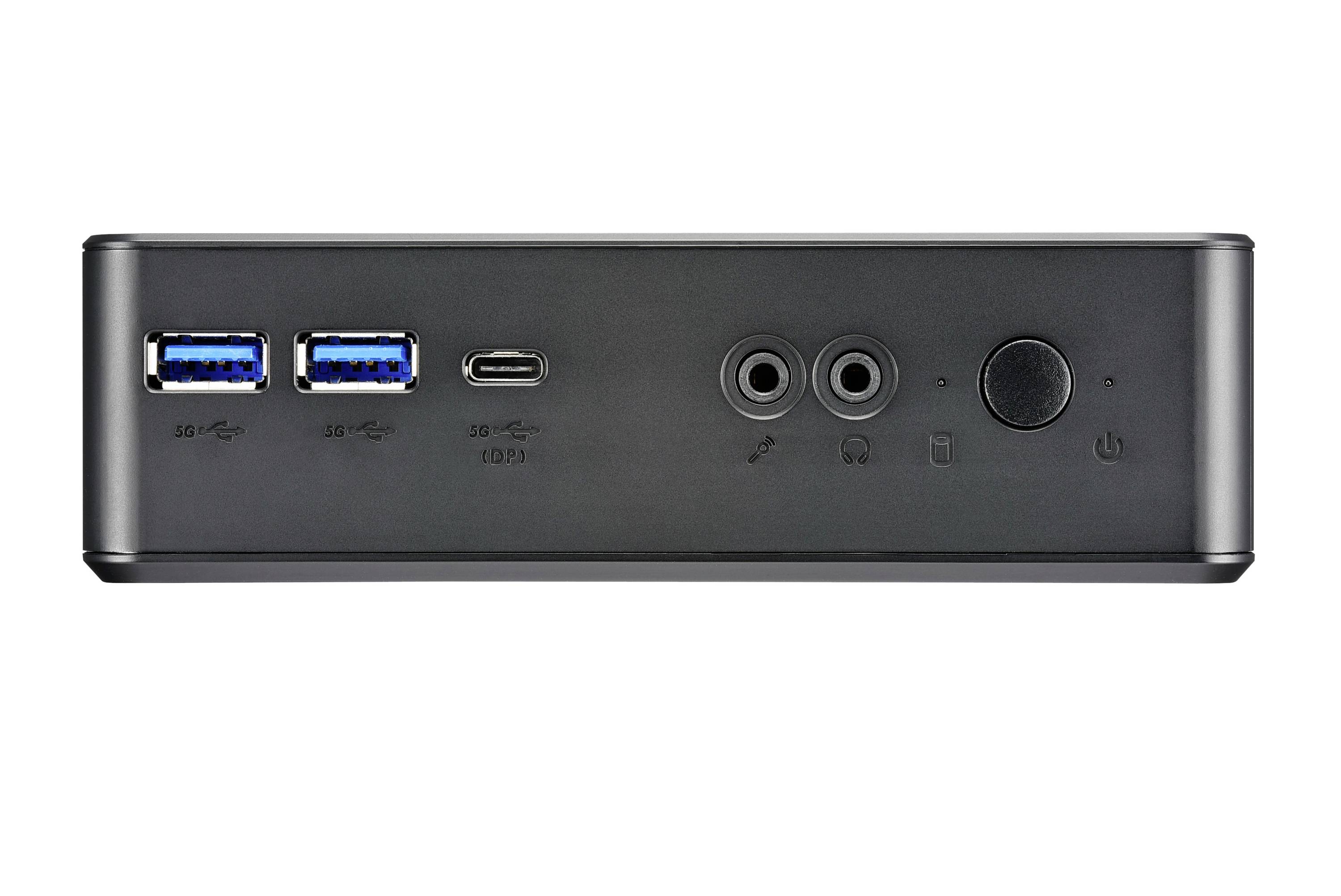Vista frontale di un mini PC nero con due porte USB 3.0, una porta USB-C, jack audio e un interruttore di accensione.