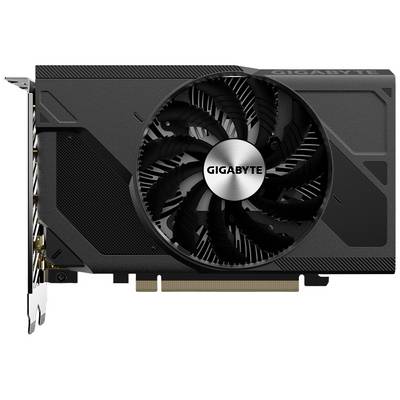 Scheda grafica nera del marchio Gigabyte con un grande ventilatore al centro.