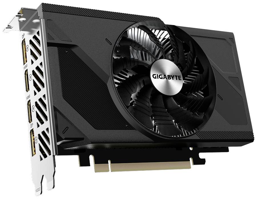 Scheda grafica Gigabyte con grande ventola e multiple porte di connessione, adatta all'installazione in un computer.
