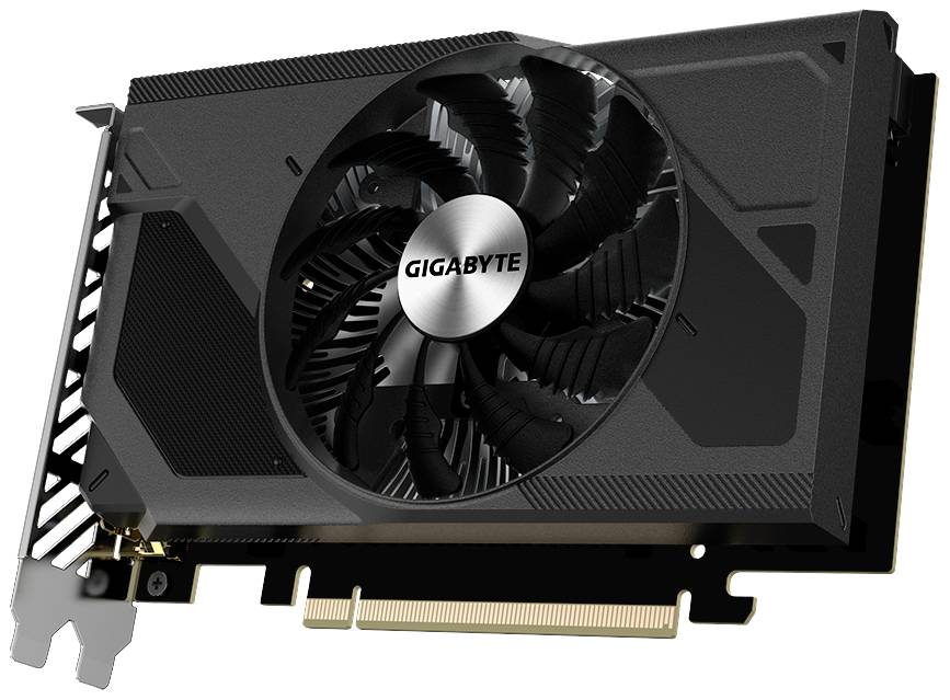 Scheda grafica Gigabyte nera con ventola, vista laterale, adatta per aggiornamenti di sistemi informatici.