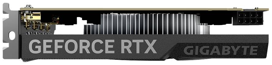 Scheda grafica Gigabyte, modello 'Geforce RTX', vista laterale con dissipatore di calore visibile e connettore di alimentazione.