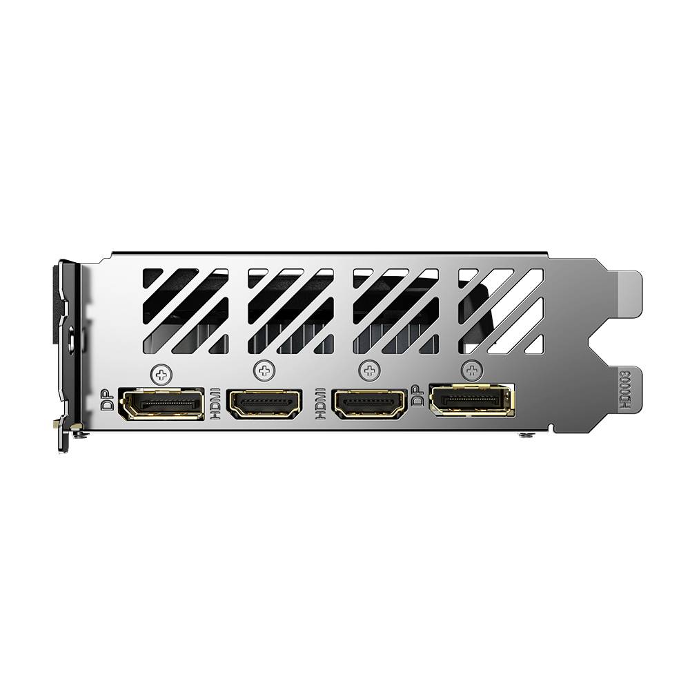 Le interfacce di una scheda grafica in profilo, con due porte DisplayPort e due porte HDMI, mostrano aperture di raffreddamento integrate.