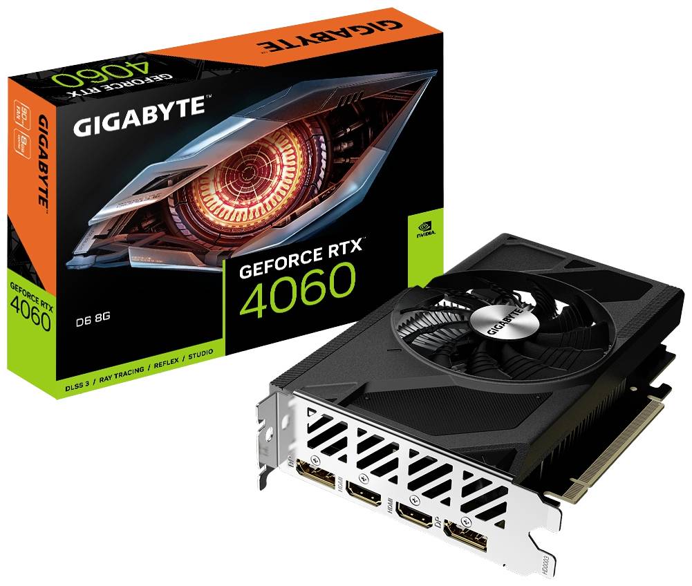 Una scheda grafica Gigabyte GeForce RTX 4060 davanti alla sua confezione. La confezione mostra un occhio stilizzato ed è progettata con colori arancione e nero.