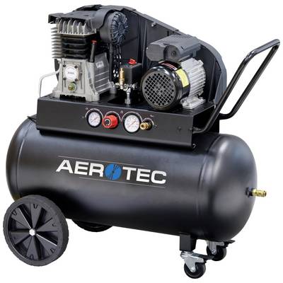 Un compressore d'aria mobile nero con attacchi e indicatori di pressione. Contrassegnato con 'AEROTEC'.