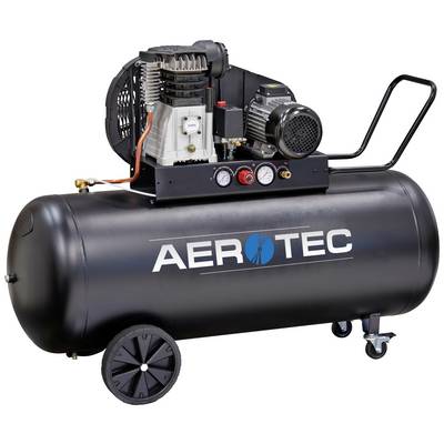'Compressore nero con la scritta "Aerotec", dotato di indicatore di pressione e motore, montato su ruote per la mobilità.'