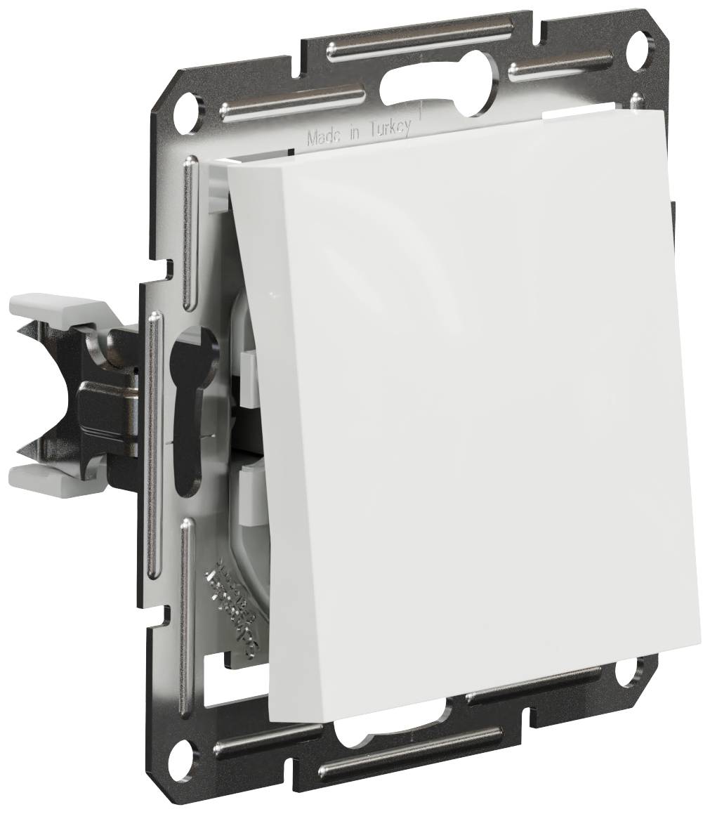 Un interruttore a bilanciere bianco montato in un supporto metallico, pronto per essere installato in una parete.