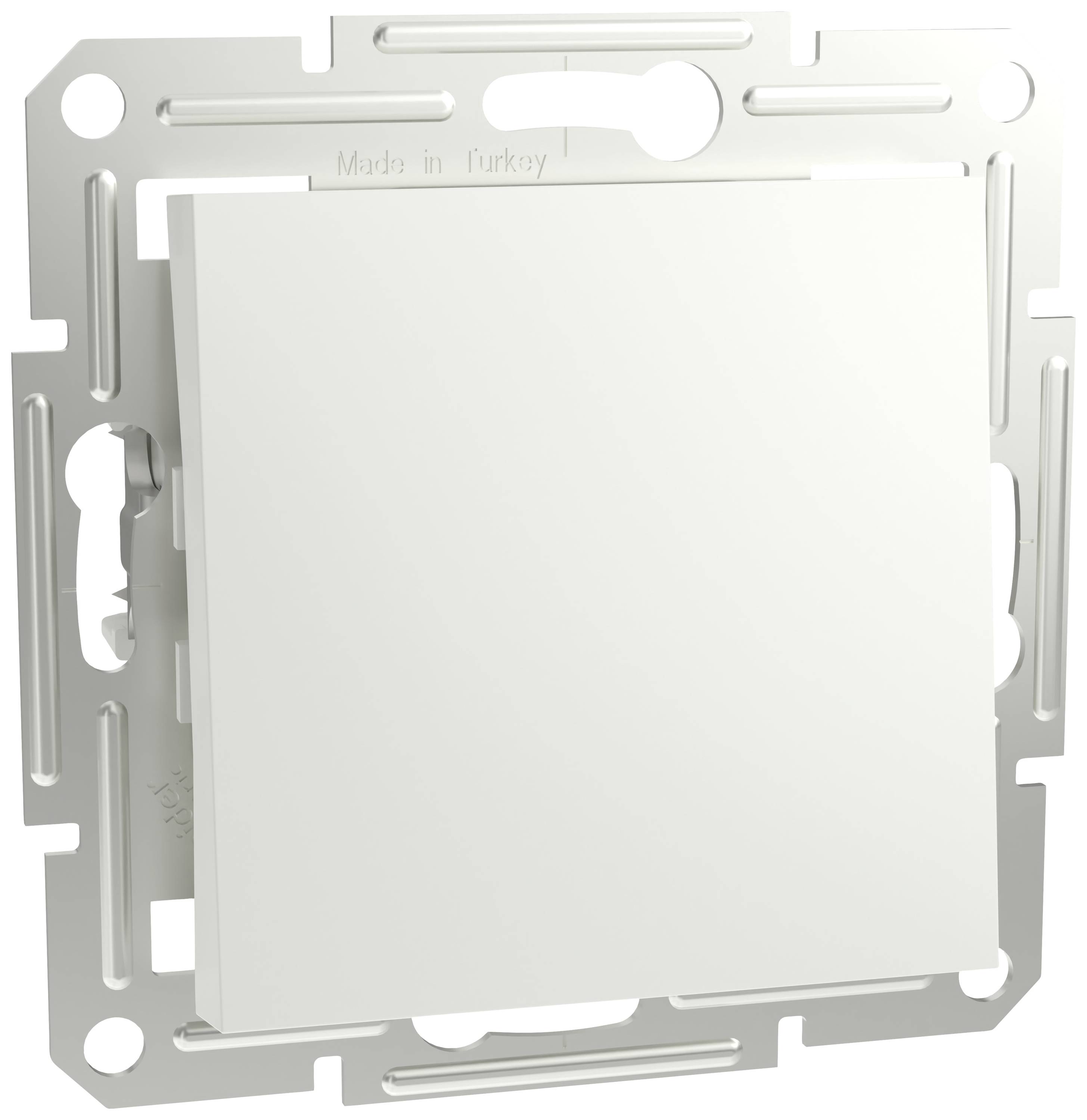 Coperchio quadrato bianco in plastica per interruttore della luce su supporto metallico.