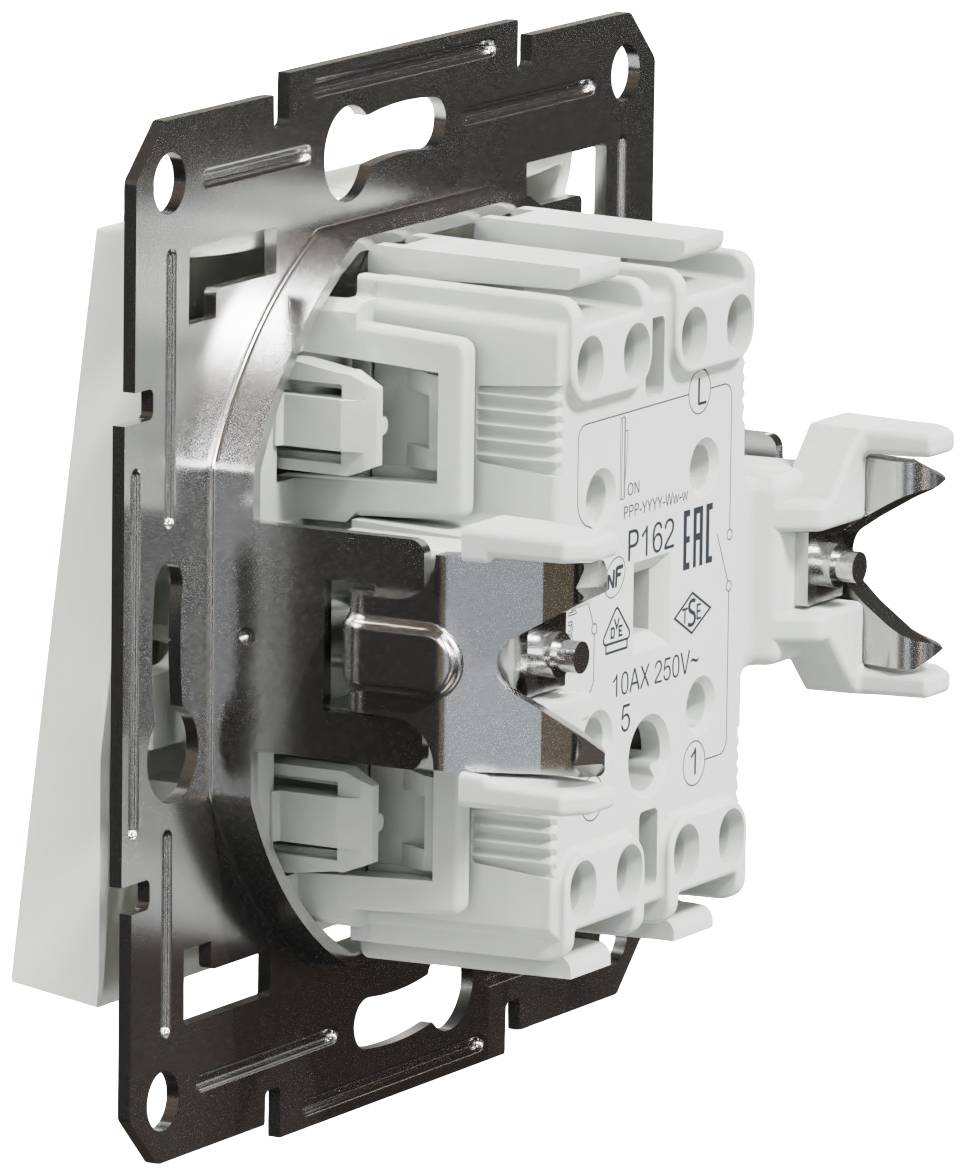 Un interruttore elettrico bianco con cornice in metallo. Adatto per 10AX, 250V, garantisce la connessione e l'interruzione dei circuiti elettrici.