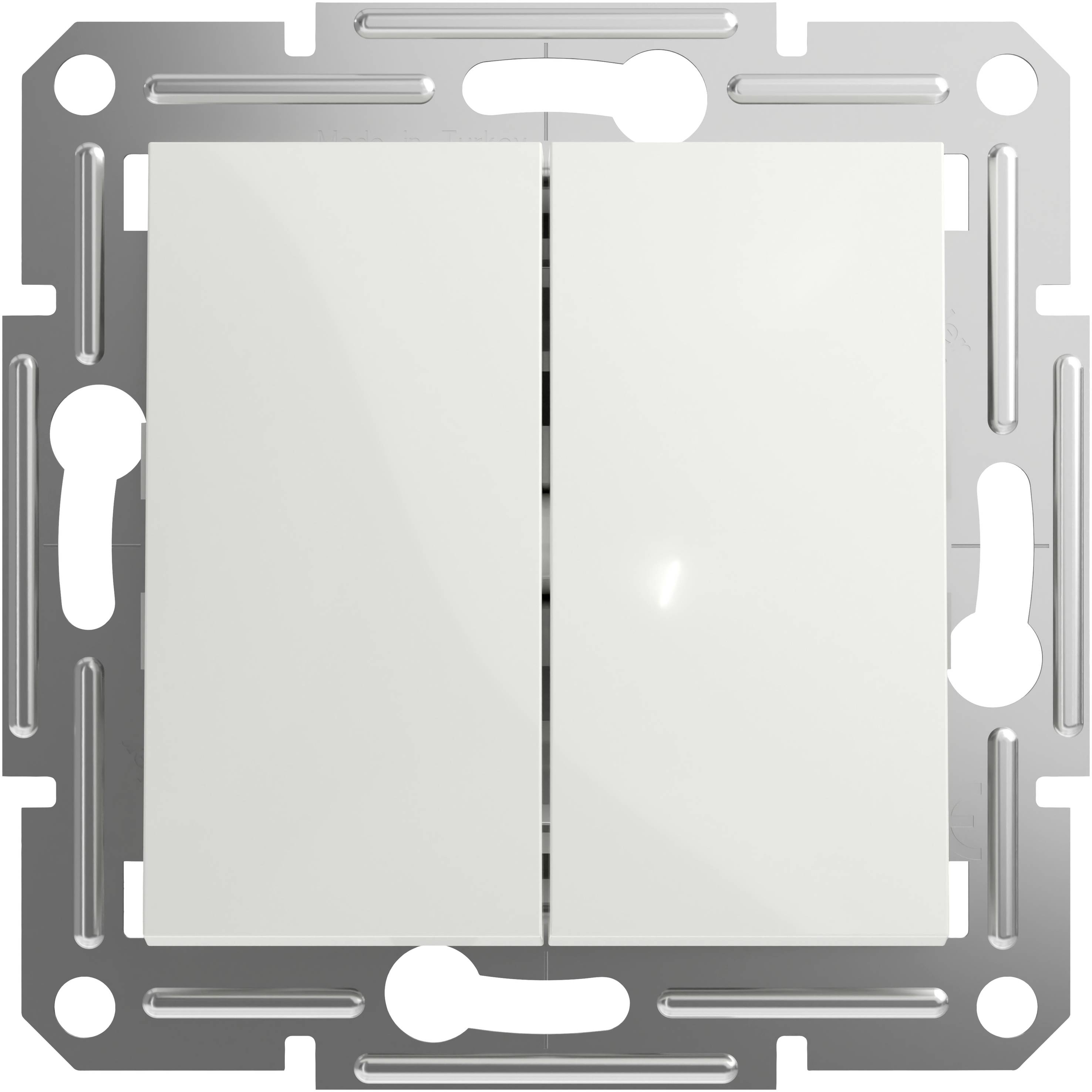 Un interruttore doppio su una placca da parete. L'interruttore ha un design semplice e moderno ed è bianco.