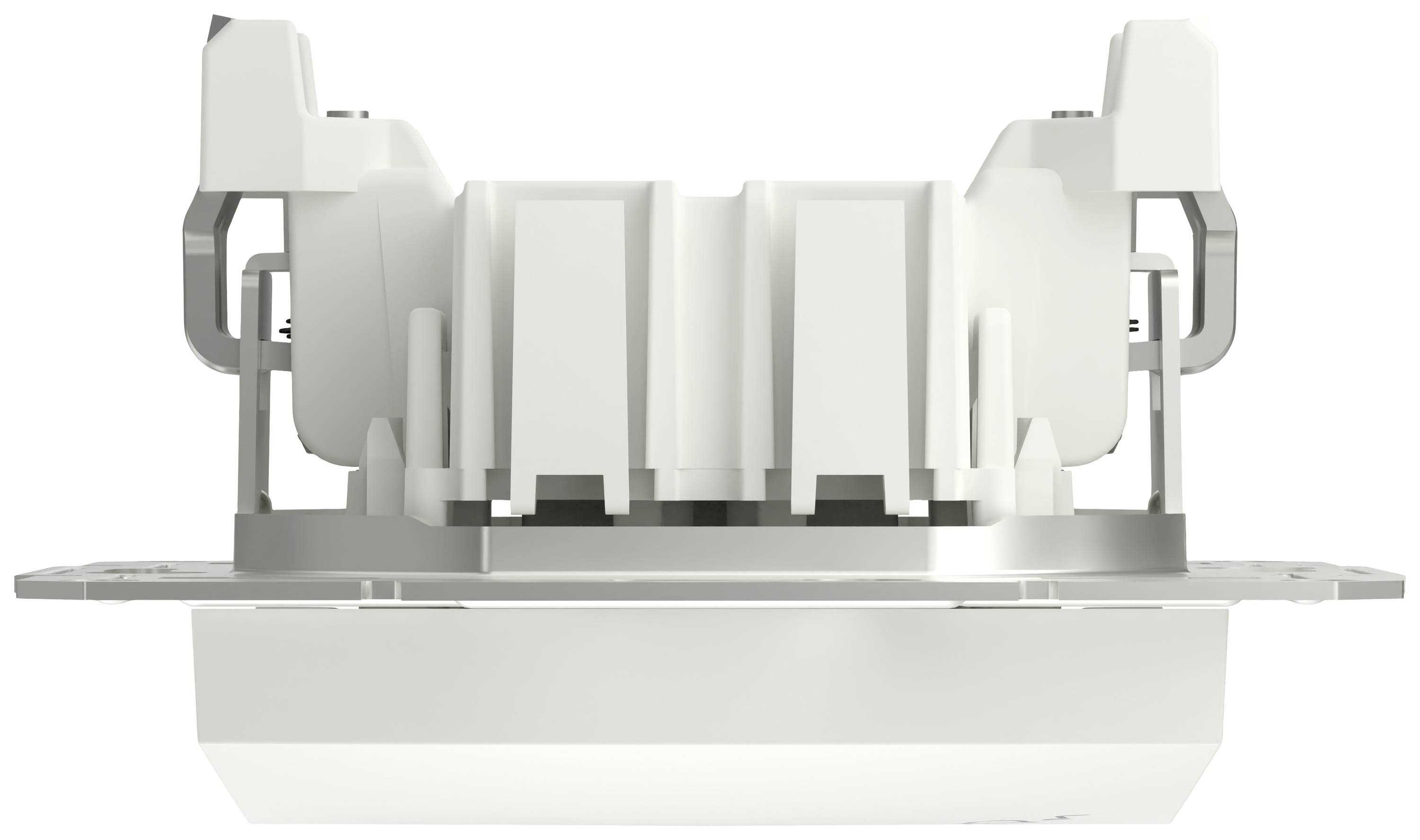 Componente in plastica bianca con cornice metallica, mostra dettagli tecnici da una vista laterale, adatta per contesti di ingegneria o design di prodotto.