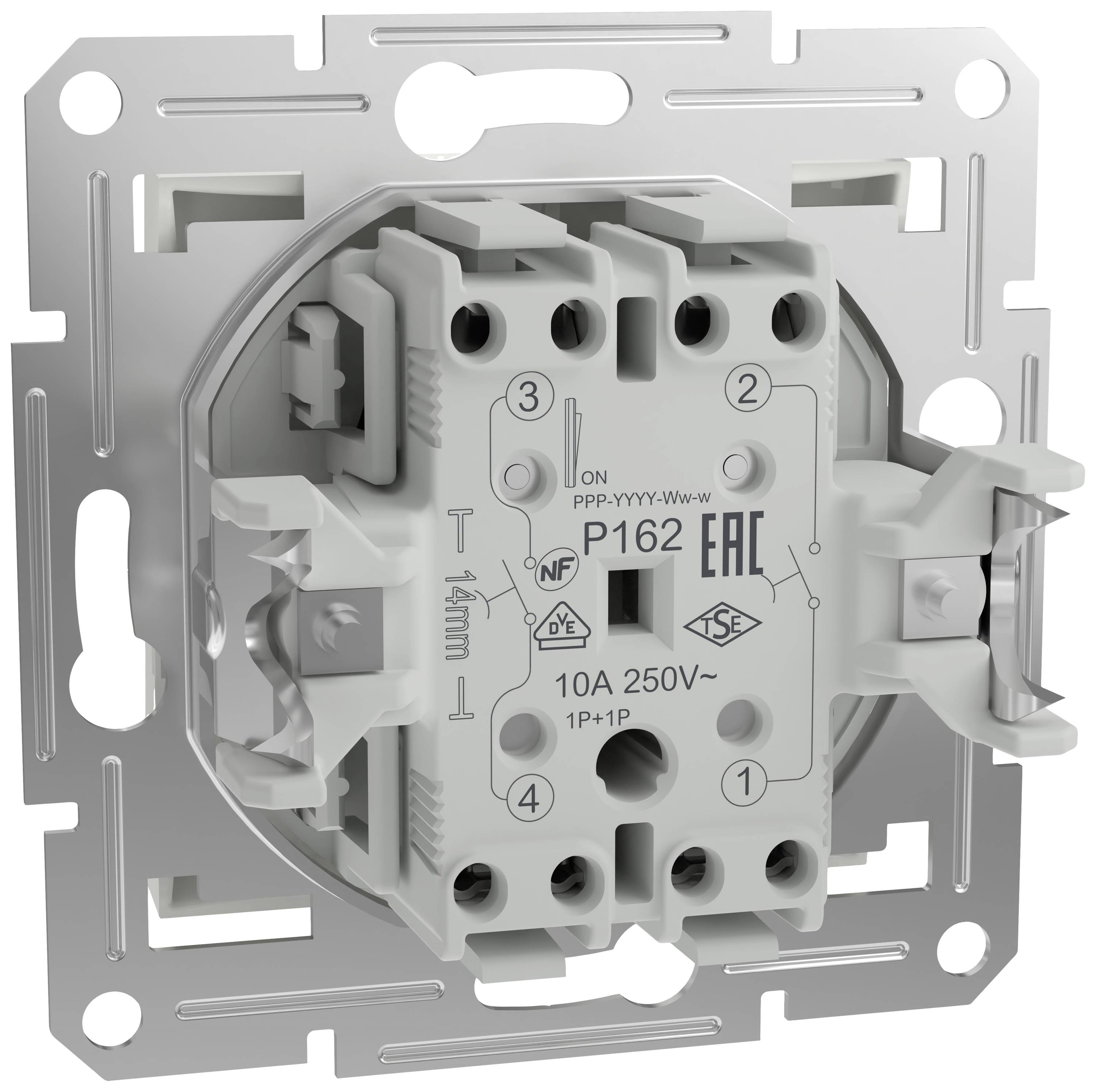 Interruttore da incasso in metallo e plastica con morsetti a vite, idoneo per una corrente di 10A e tensione di 250V.