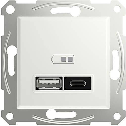 Un modulo presa a muro bianco con porte USB-A e USB-C per la ricarica di dispositivi elettronici, con simbolo della batteria.