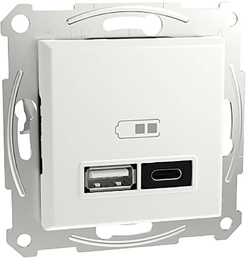 Presa a muro USB con porte USB-A e USB-C, idonea per la ricarica di dispositivi. Involucro bianco, piastra di montaggio standard.