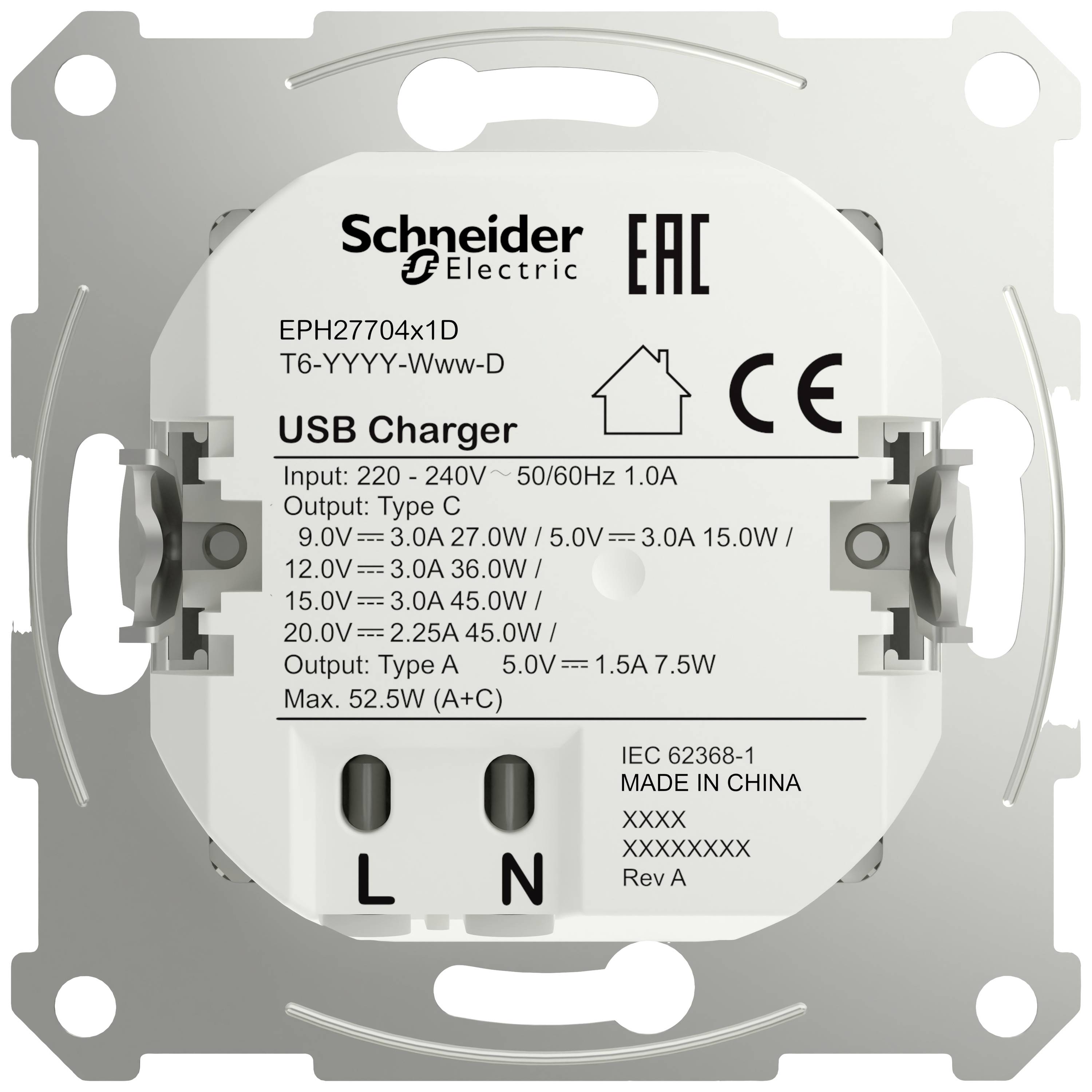 'Caricabatterie USB di Schneider Electric, modello EPH27704x1D. Ingresso: 220-240V, 50/60Hz, 1.0A. Uscite per diverse tensioni fino a 15W.'