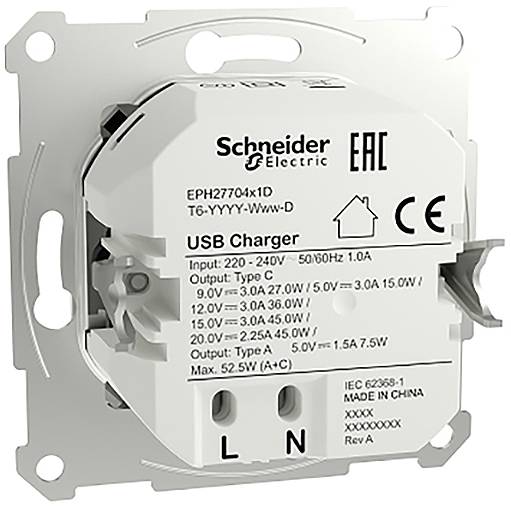 Caricabatterie USB di Schneider Electric, grigio, con specifiche tecniche: Ingresso 220-240V, 50/60Hz, 1.0A; Uscite: 5.0V 3.0A, max 15.0W