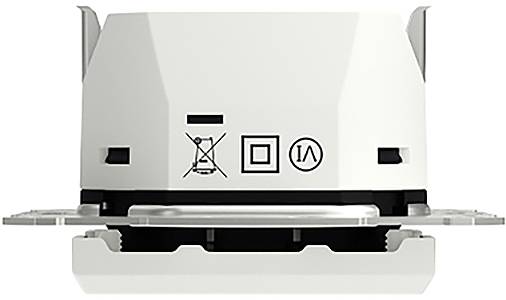 Un dispositivo elettronico bianco, probabilmente parte di un'unità di illuminazione o elettronica, con simboli sulla parte anteriore.